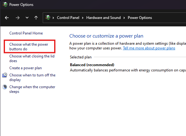 Chose Setting in Power Options