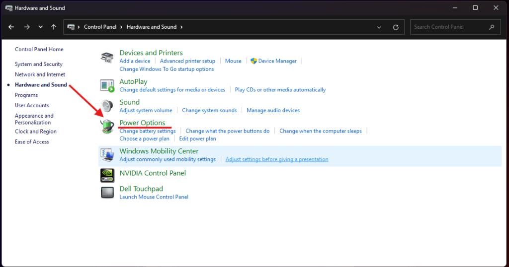 Power Options in Control Panel