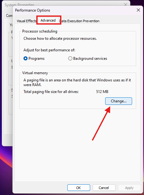 Properties advance settings of PC