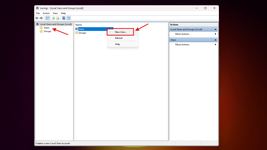 Bypass Administrator Password in Windows 10 with Local Users and Groups window in Windows, with the 'Users' section selected and the 'New User...' option highlighted.