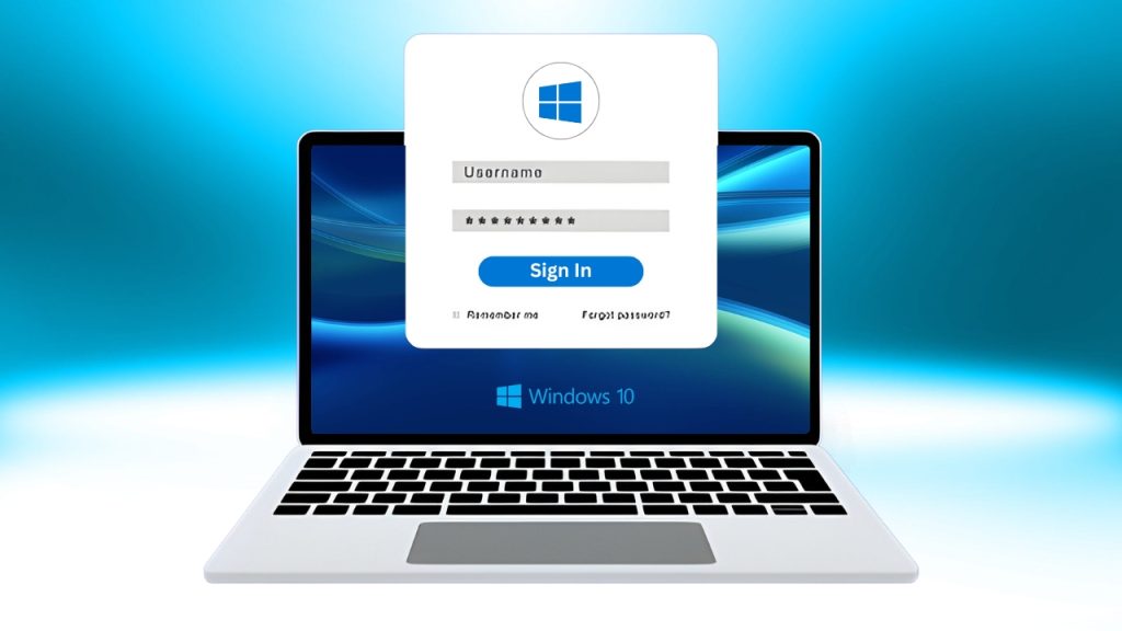 A close-up of a laptop showing the Windows 10 login interface. The screen prompts for a username and password.