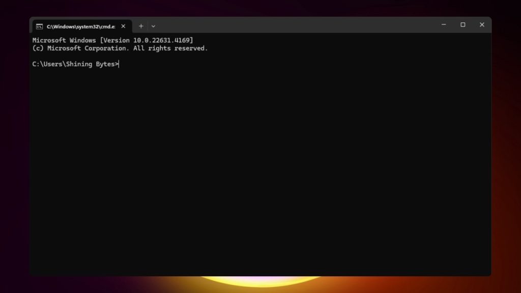 A screenshot of a command prompt window in Windows. The window shows the command prompt, which is used to enter text-based commands to interact with the operating system. The prompt displays the current directory "C:\Users\Shining Bytes>" and the Windows version information.