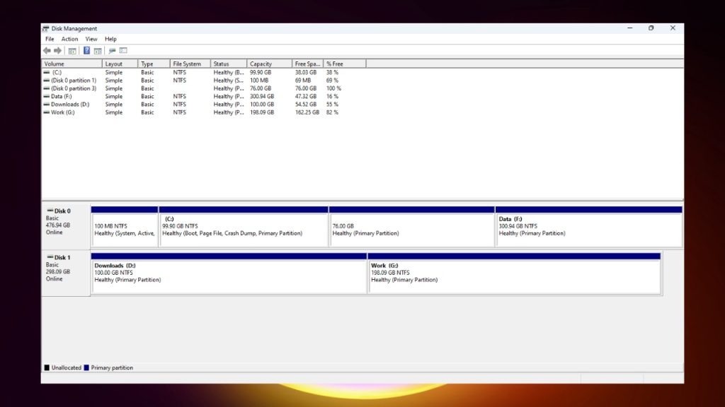 A screenshot of a Disk Management window in Windows to create partition in windows 11. The window shows information about different disk partitions, including their volume labels, layout, type, file system, status, capacity, free space, and percentage free. The partitions are labeled "C," "Data (F)," "Downloads (D)," and "Work (G)." The window also shows the overall status of the disks as "Healthy."