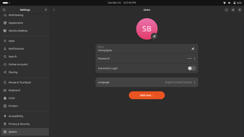 create a user on ubunut using GUI