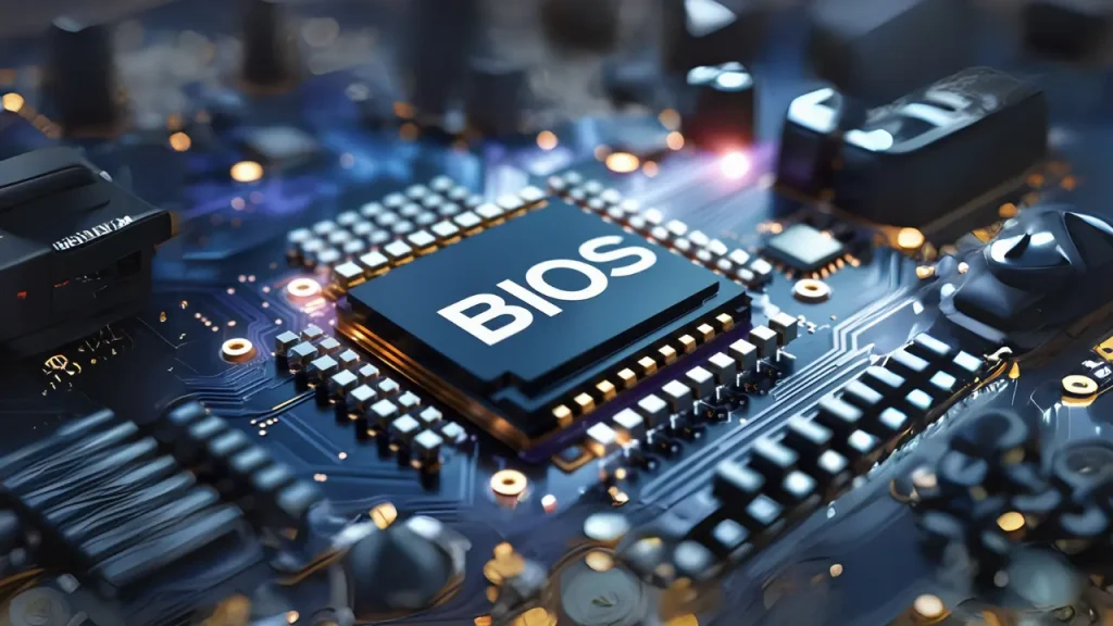 A macro photograph of a computer motherboard with a rectangular chip in the center labeled "BIOS". The chip is dark with gold lettering and is surrounded by smaller surface-mounted components, metallic traces, and gold contact points on a dark, textured background. The image is focused on the BIOS chip and uses a shallow depth of field, with areas of blur in the foreground and background.