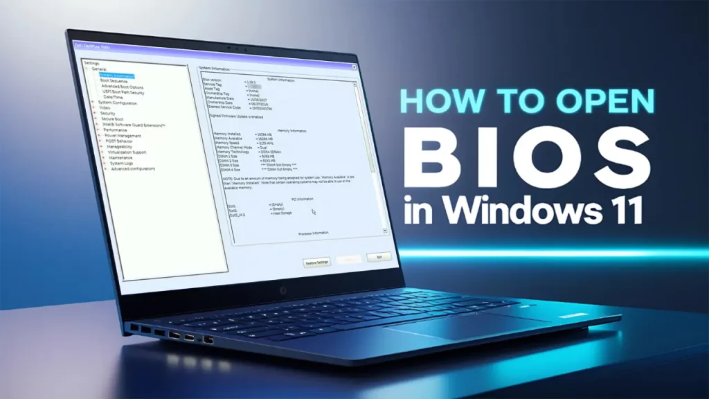 A laptop computer open, displaying the BIOS setup utility screen with a list of menu options on the left and system information on the right. The screen is gray and blue with white text. A stylized graphic with the text "HOW TO OPEN BIOS in Windows 11" is overlaid on the right side in white and yellow against a dark blue background with glowing light streaks.