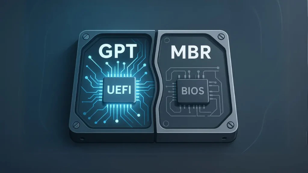 A split image showing the difference between GPT and MBR disk partitioning. On the left, labeled 'GPT', a blue circuit board design with 'UEFI' in the center glows, representing the modern standard. On the right, labeled 'MBR', a darker circuit board design with 'BIOS' in the center represents the legacy standard.
