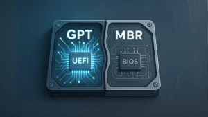 A split image showing the difference between GPT and MBR disk partitioning. On the left, labeled 'GPT', a blue circuit board design with 'UEFI' in the center glows, representing the modern standard. On the right, labeled 'MBR', a darker circuit board design with 'BIOS' in the center represents the legacy standard.