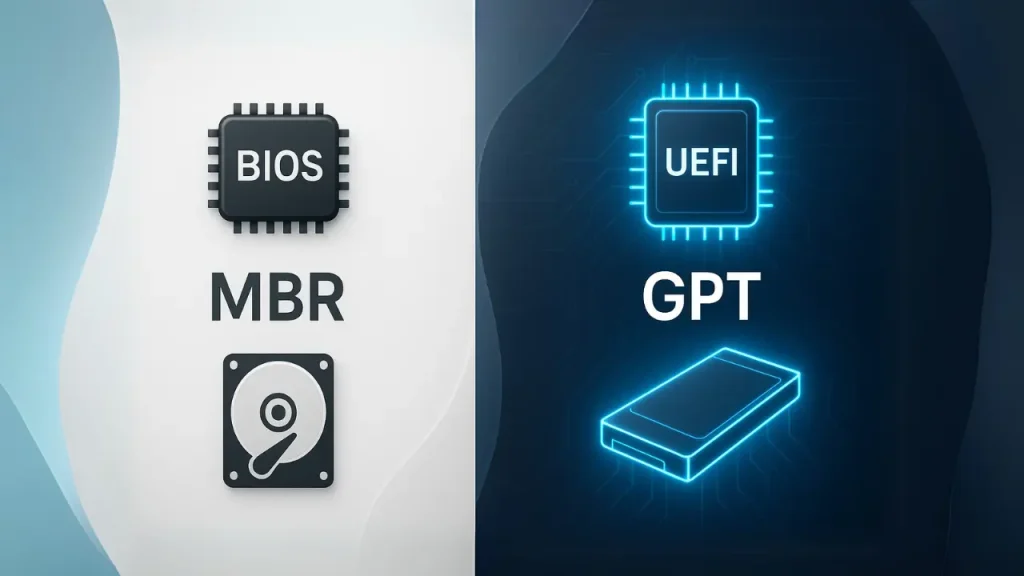 A side-by-side comparison of MBR and GPT disk partitioning. On the left, under 'MBR', are icons for a BIOS chip and a traditional hard disk drive. On the right, under 'GPT', are glowing blue icons for a UEFI chip and a modern solid-state drive or external drive enclosure.