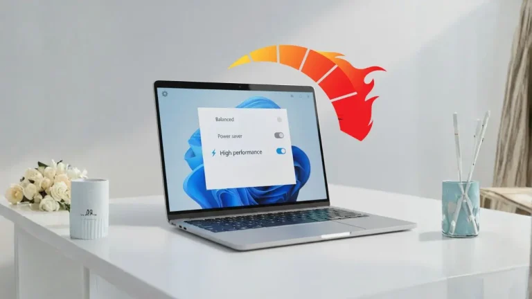 Laptop showing High Performance power toggle with speed graphics and flames on desk background