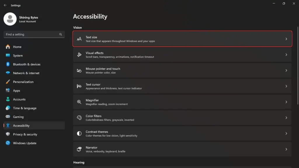 Selecting Text Size in Windows 11 Vision Settings